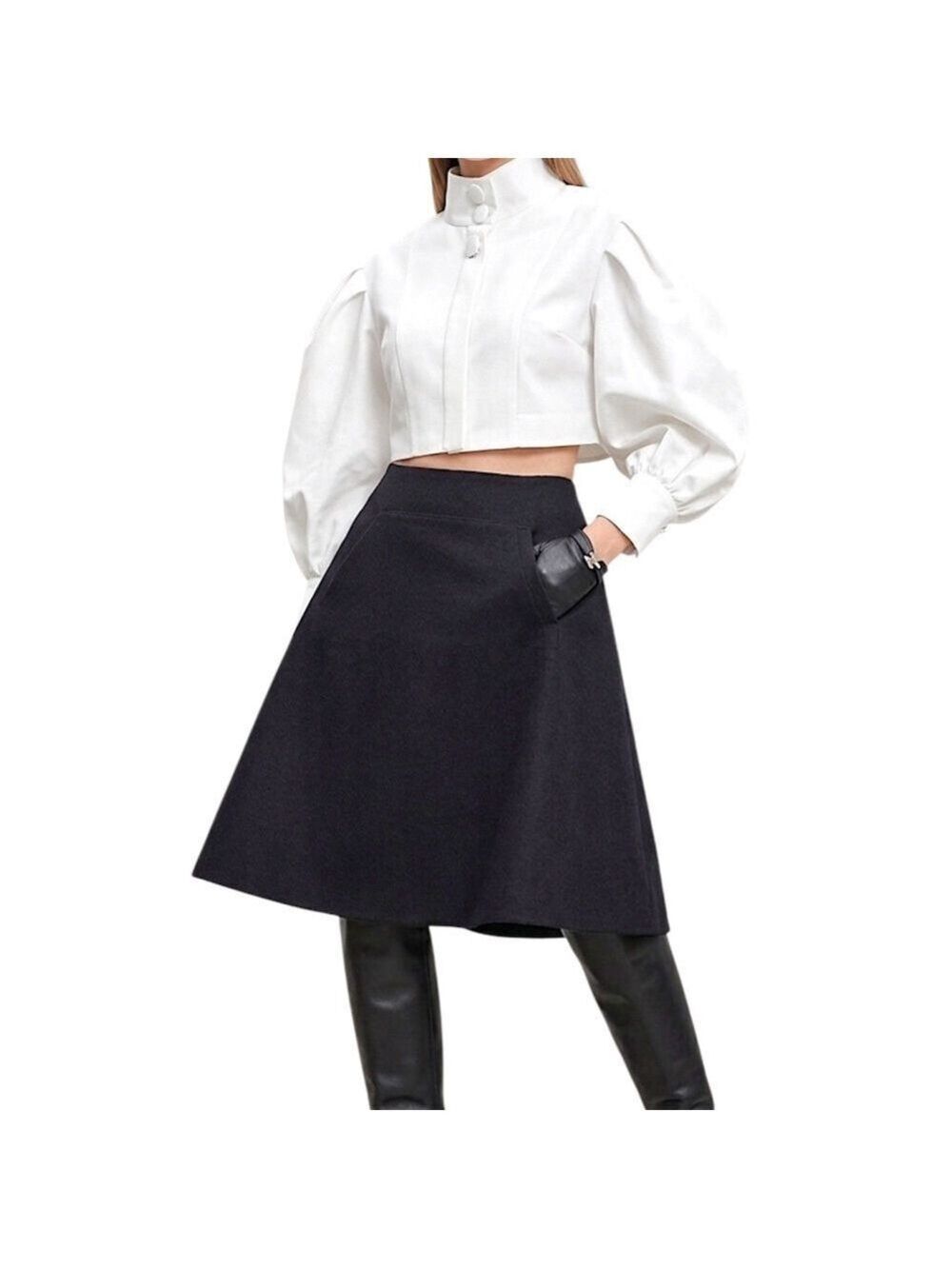 NWT COS wool blend minimalist old money black felt structured aline midi skirt 6
